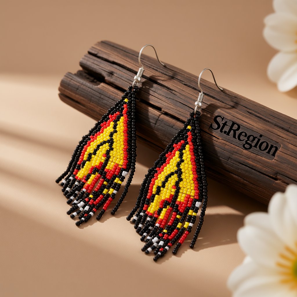 Yellow and Black Howlite Butterfly Tassel Drop Earrings, drop earrings for women, botanical inspired, front view