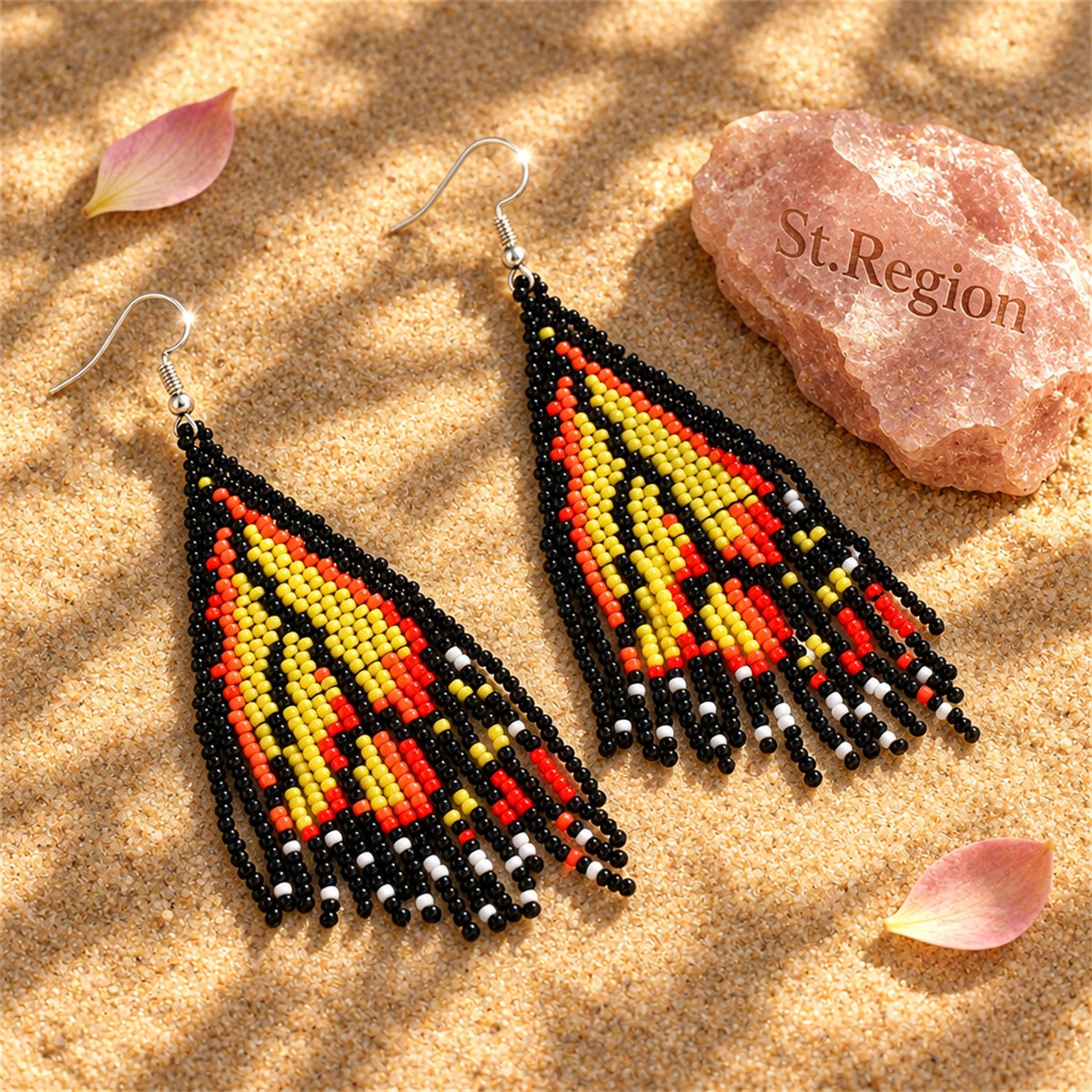 Yellow and Black Howlite Butterfly Tassel Drop Earrings, drop earrings for women, botanical inspired, detail close-up