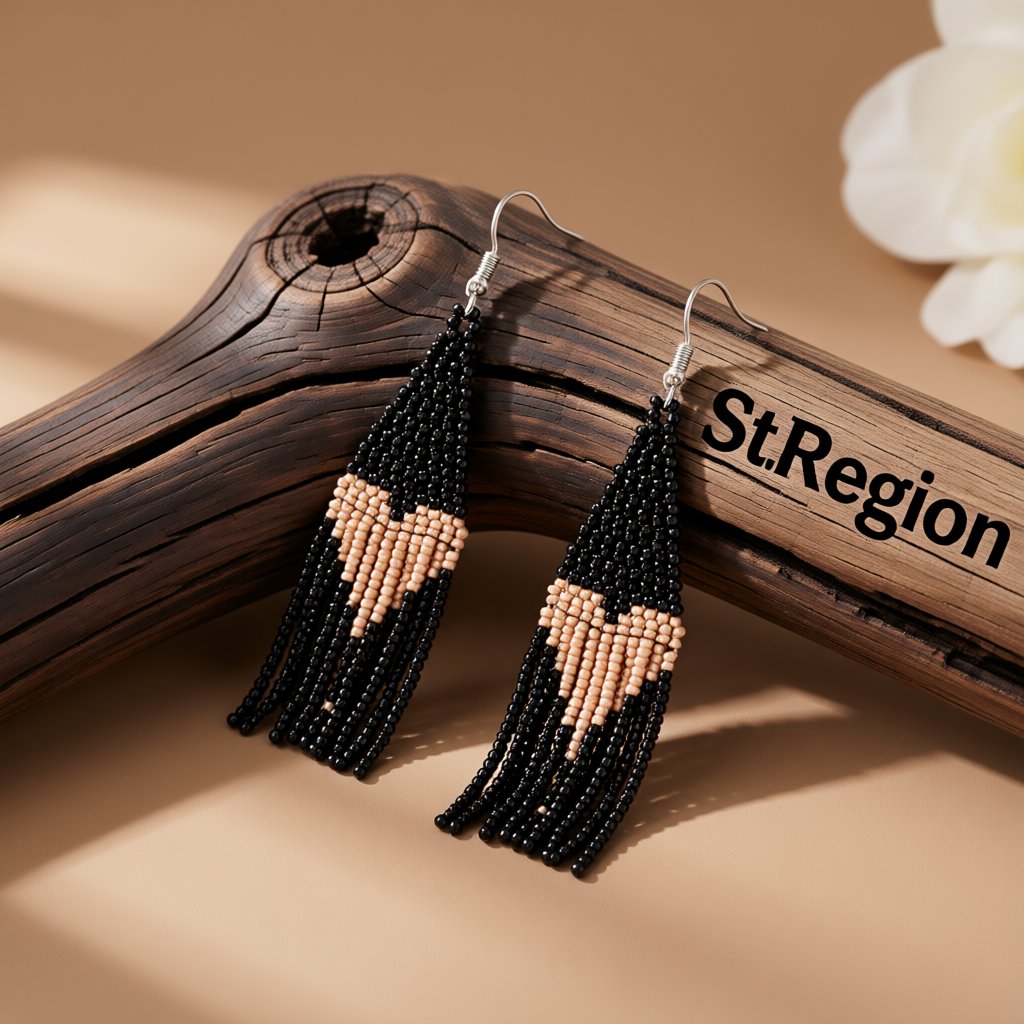 Black Howlite and Silver-Plated Heart Tassel Drop Earrings, silver drop earrings for women, everyday style, front view