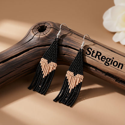 Black Howlite and Silver-Plated Heart Tassel Drop Earrings, silver drop earrings for women, everyday style, front view