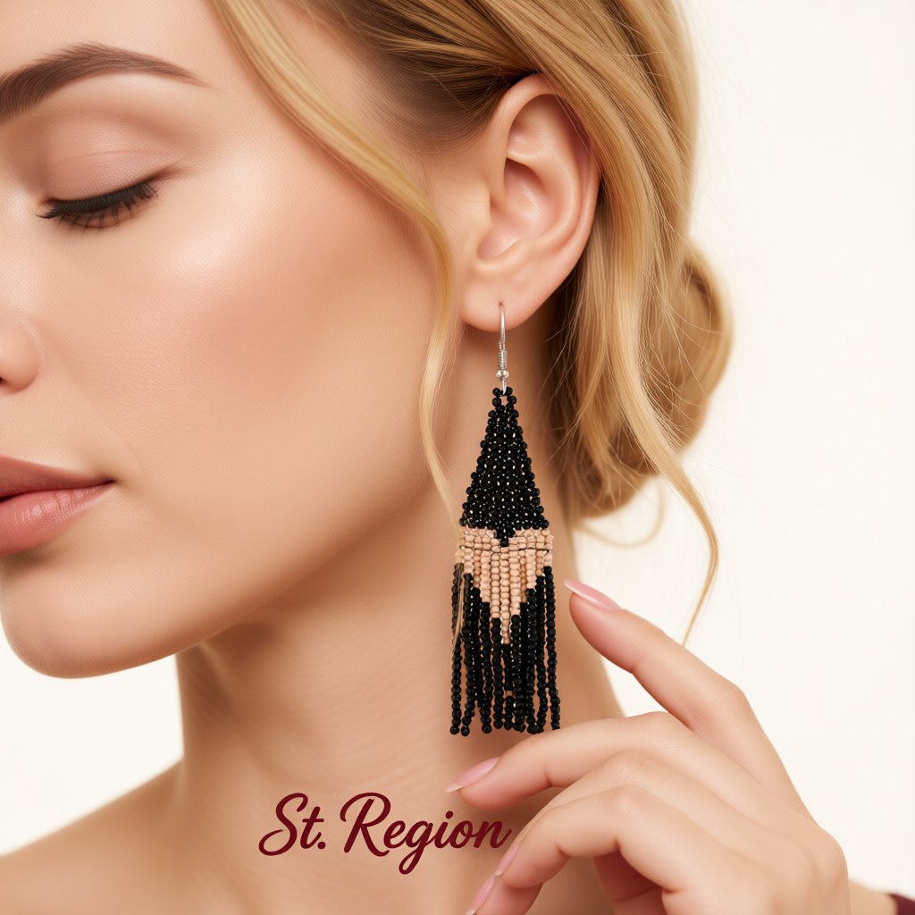 Black Howlite and Silver-Plated Heart Tassel Drop Earrings, silver drop earrings for women, everyday style, styled look
