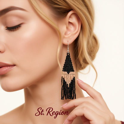 Black Howlite and Silver-Plated Heart Tassel Drop Earrings, silver drop earrings for women, everyday style, styled look