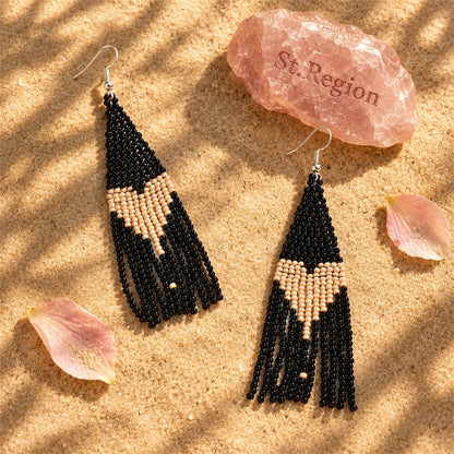 Black Howlite and Silver-Plated Heart Tassel Drop Earrings, silver drop earrings for women, everyday style, detail close-up