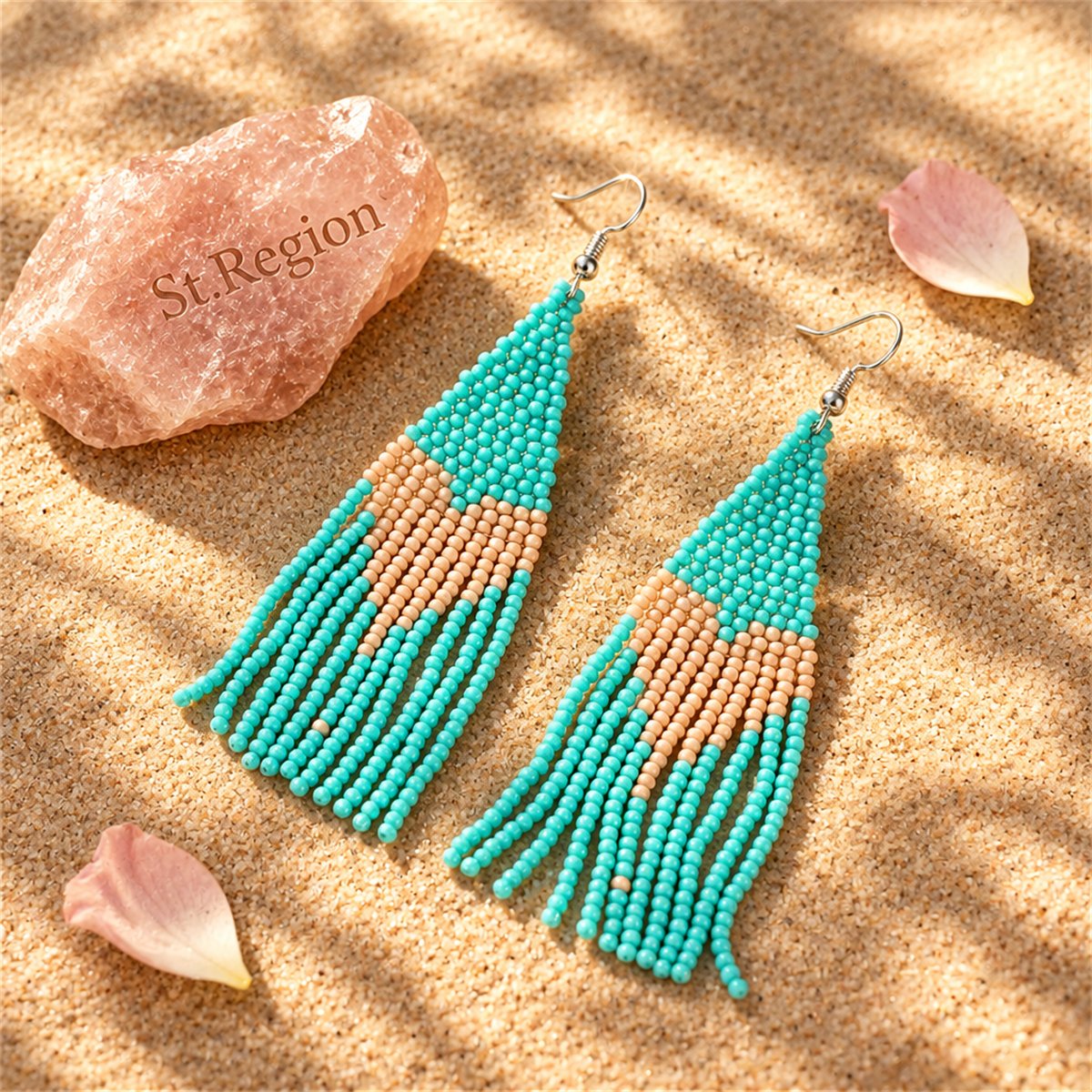 Teal Howlite and Silver-Plated Heart Tassel Drop Earrings, silver drop earrings for women, detail close-up