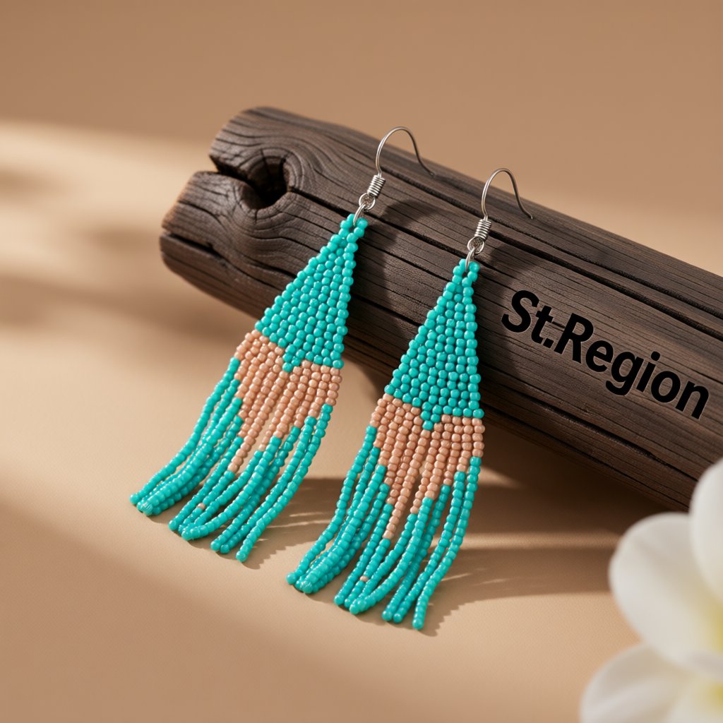 Teal Howlite and Silver-Plated Heart Tassel Drop Earrings, silver drop earrings for women, botanical inspired, front view