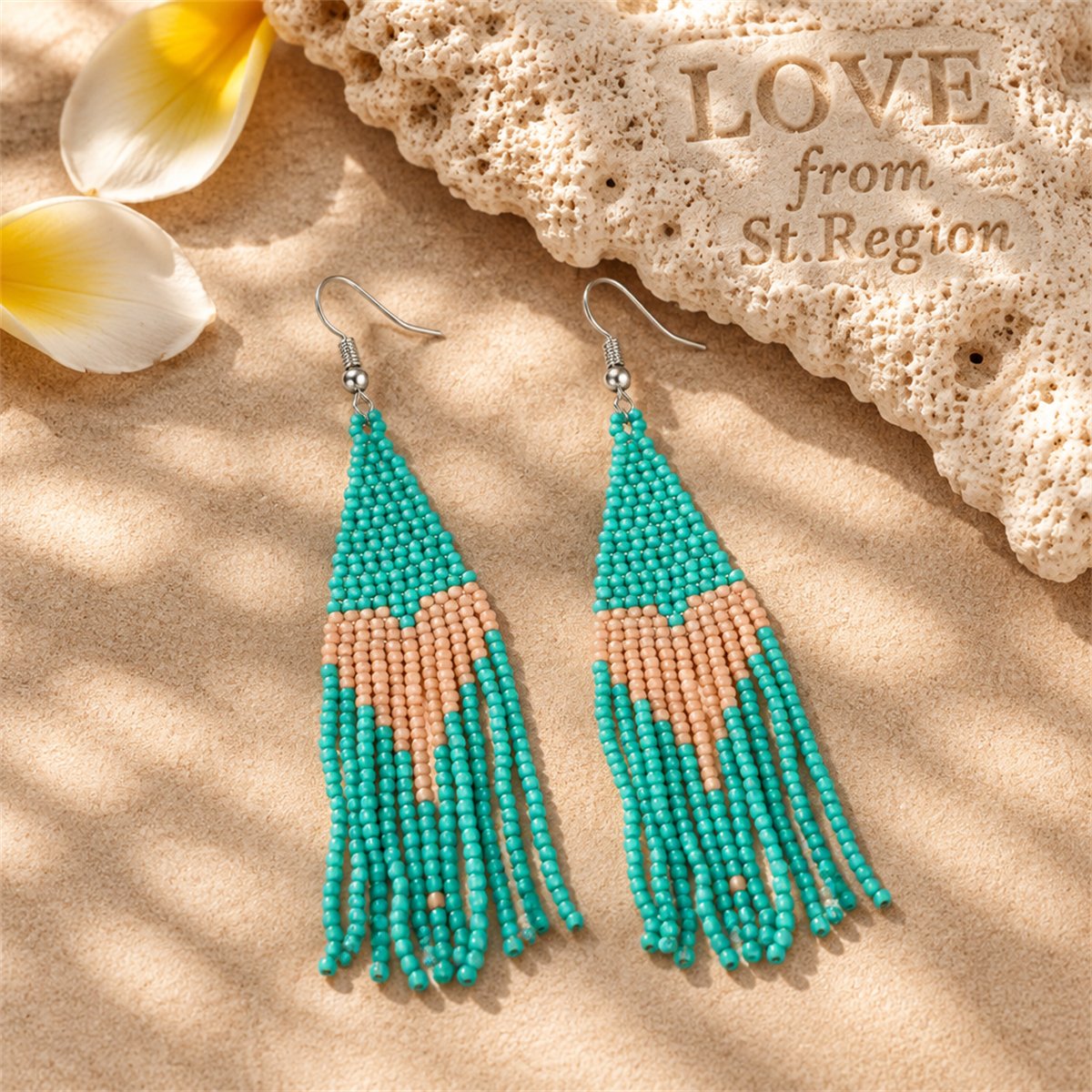 Teal Howlite and Silver-Plated Heart Tassel Drop Earrings, silver drop earrings for women, botanical inspired, lifestyle look