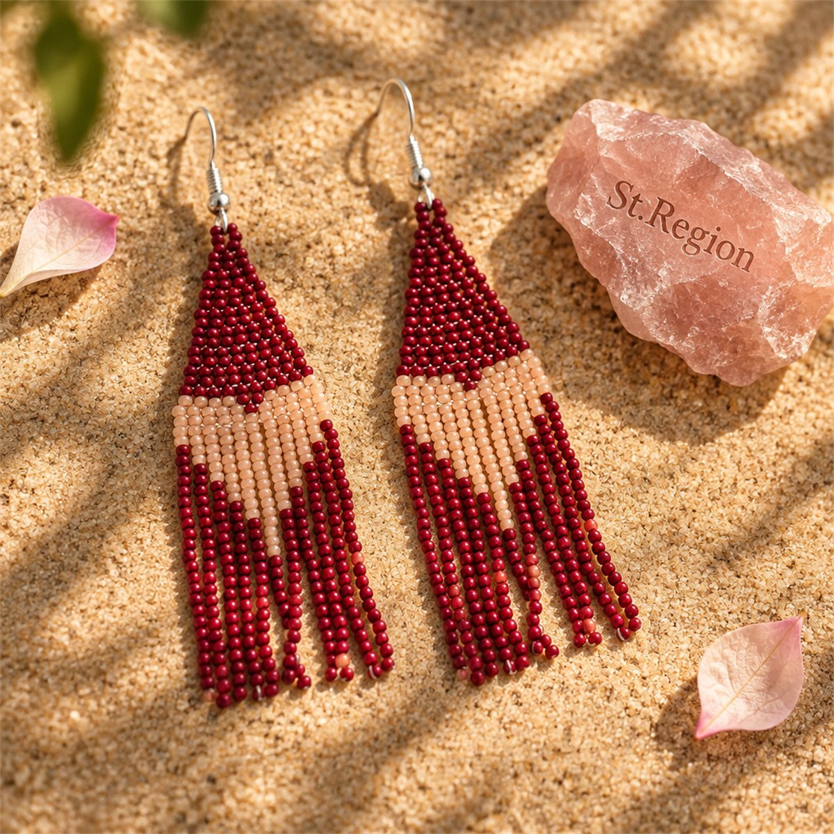 Wine Red Howlite and Silver-Plated Heart Tassel Drop Earrings, silver drop earrings for women, detail close-up