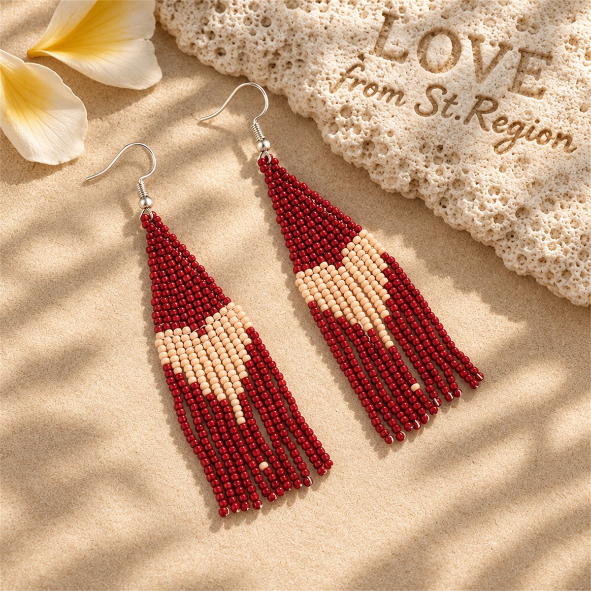 Wine Red Howlite and Silver-Plated Heart Tassel Drop Earrings, silver drop earrings for women, everyday style, lifestyle look