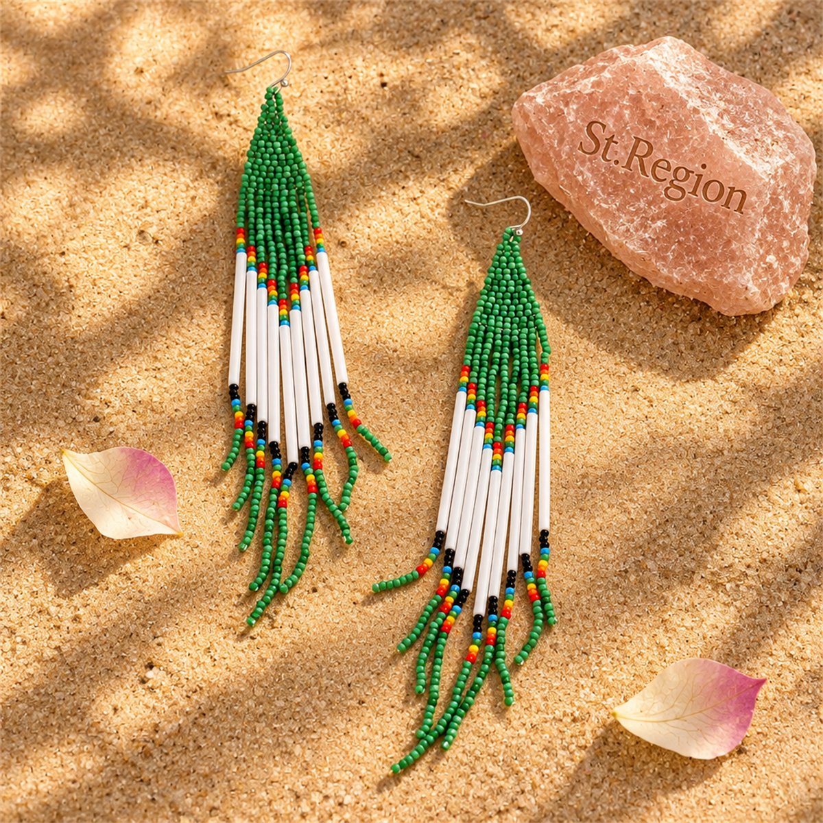 Green and White Tassel Beaded Drop Earrings, drop earrings for women, vintage-inspired design, detail close-up