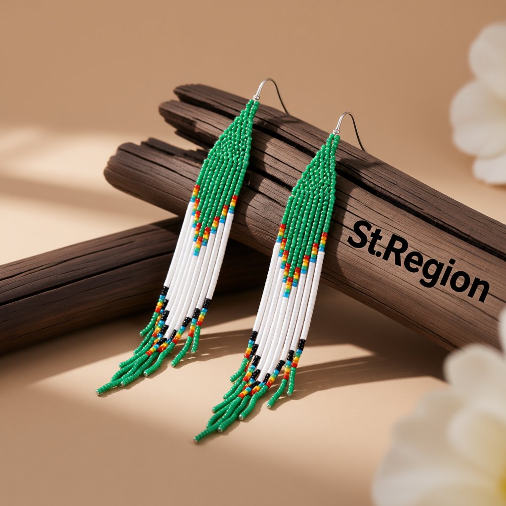 Green and White Tassel Beaded Drop Earrings, drop earrings for women, vintage-inspired design, front view
