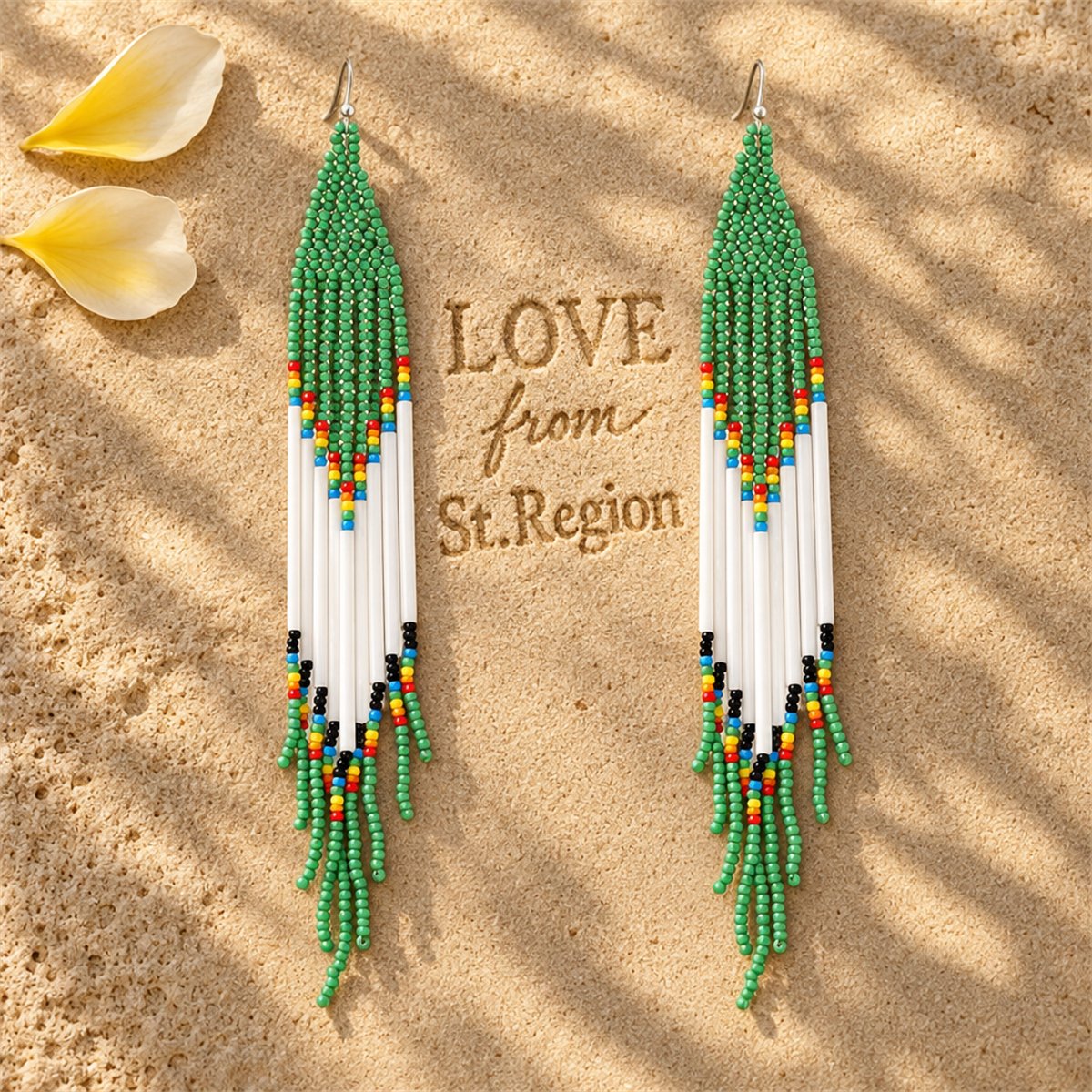 Green and White Tassel Beaded Drop Earrings, drop earrings for women, vintage-inspired design, lifestyle look