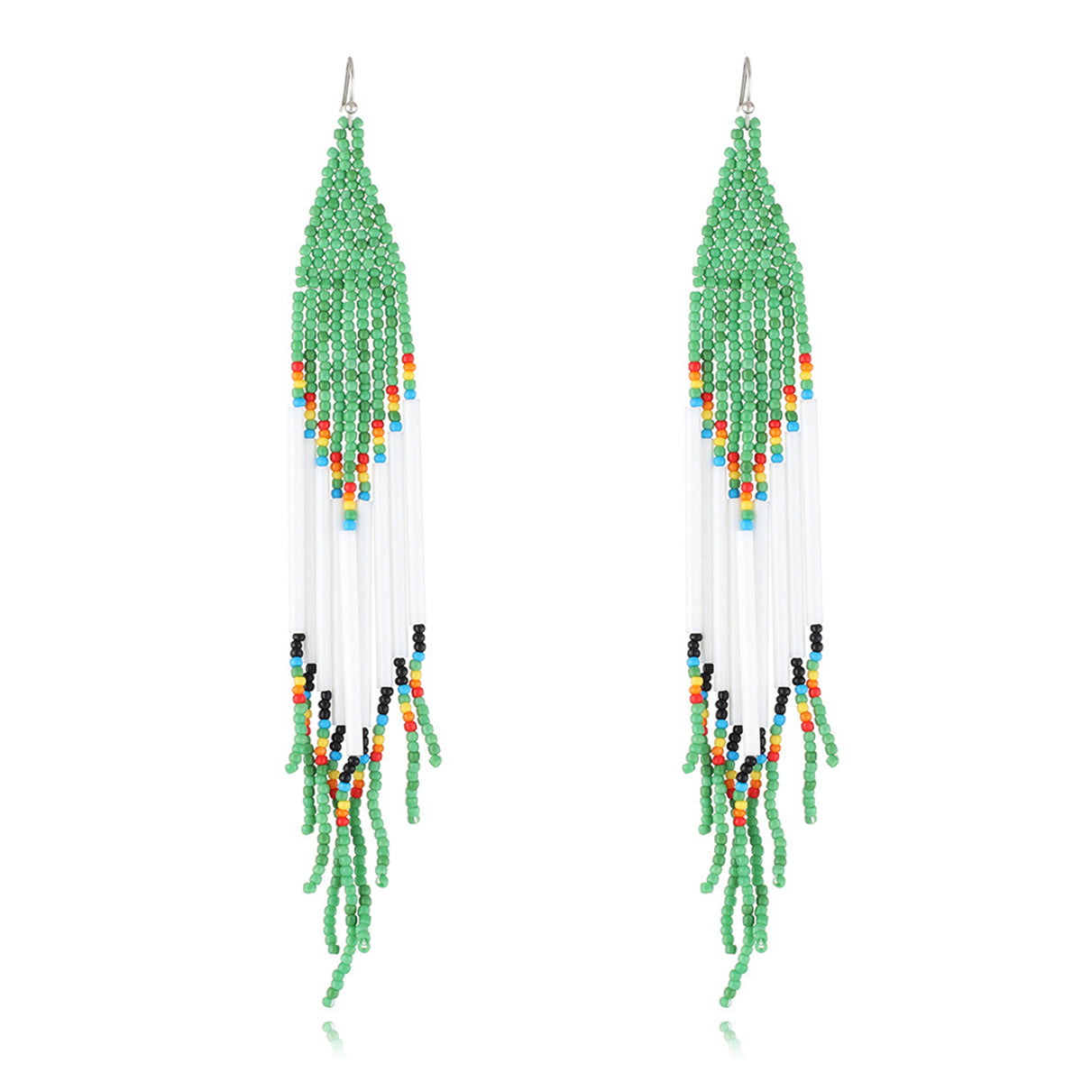 Green and White Tassel Beaded Drop Earrings, drop earrings for women, vintage-inspired design, side view