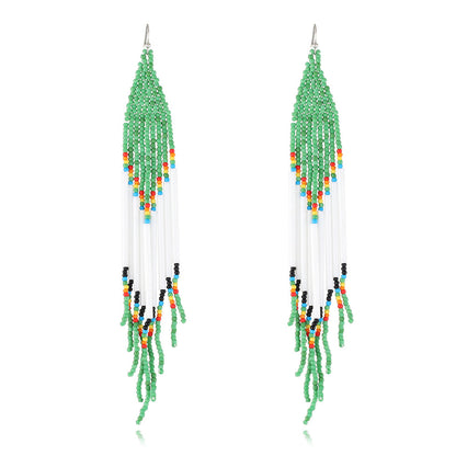 Green and White Tassel Beaded Drop Earrings, drop earrings for women, vintage-inspired design, side view