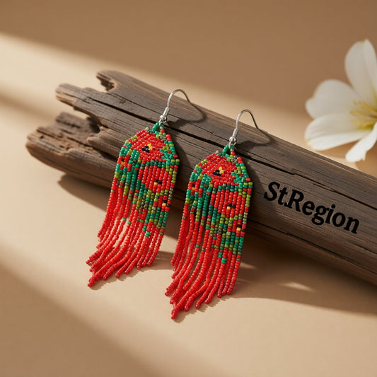 Red Acrylic and Howlite Poppy Tassel Drop Earrings, drop earrings for women, botanical inspired, front view