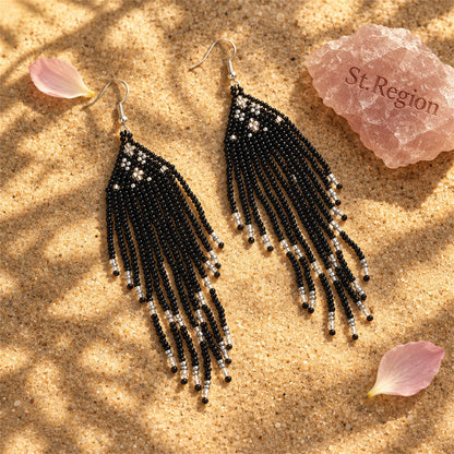 Black Howlite and Silver-Plated Tassel Drop Earrings, silver drop earrings for women, botanical inspired, detail close-up