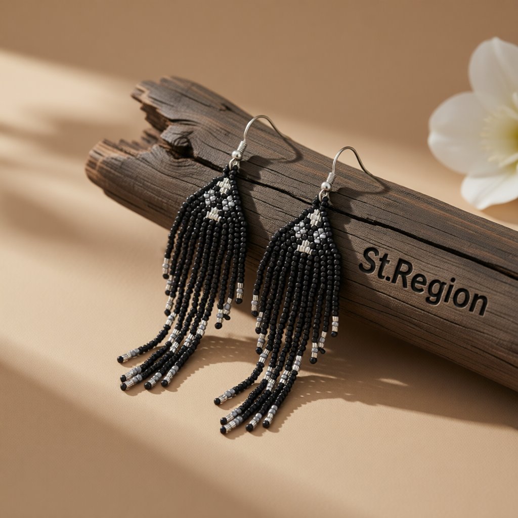 Black Howlite and Silver-Plated Tassel Drop Earrings, silver drop earrings for women, botanical inspired, front view