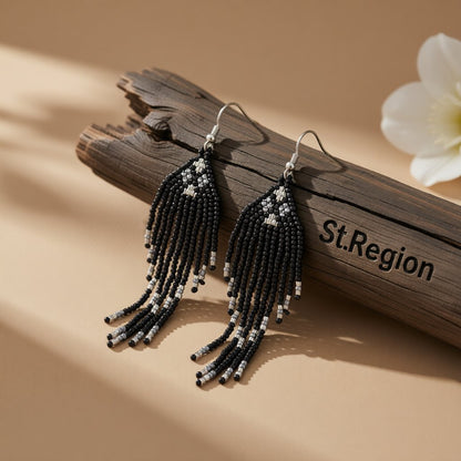 Black Howlite and Silver-Plated Tassel Drop Earrings, silver drop earrings for women, botanical inspired, front view