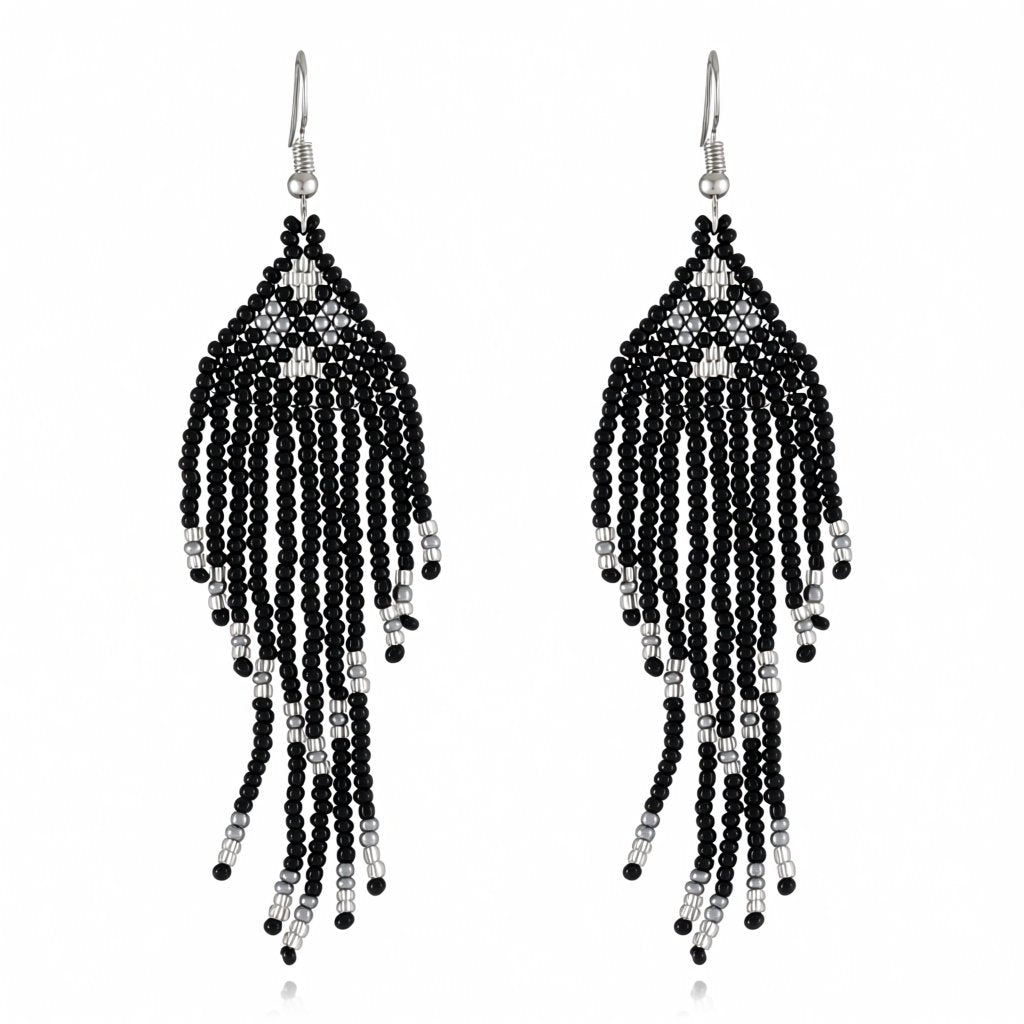 Black Howlite and Silver-Plated Tassel Drop Earrings, silver drop earrings for women, botanical inspired, side view