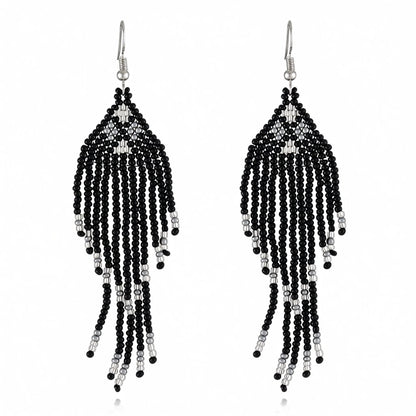 Black Howlite and Silver-Plated Tassel Drop Earrings, silver drop earrings for women, botanical inspired, side view