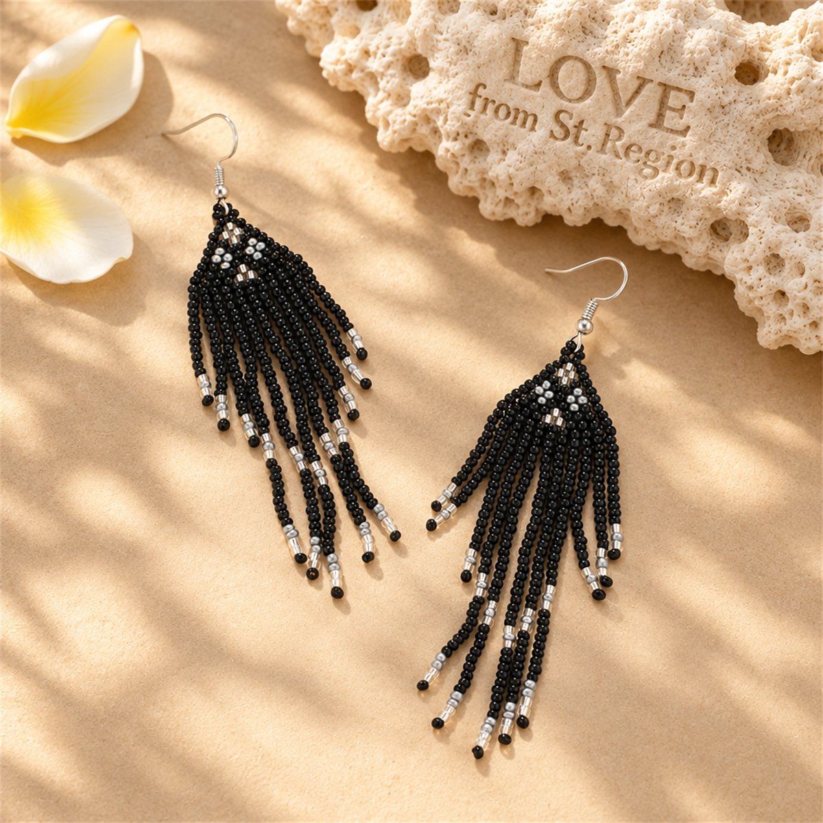 Black Howlite and Silver-Plated Tassel Drop Earrings, silver drop earrings for women, botanical inspired, lifestyle look