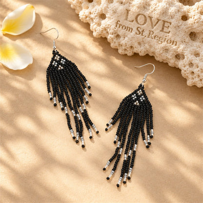 Black Howlite and Silver-Plated Tassel Drop Earrings, silver drop earrings for women, botanical inspired, lifestyle look