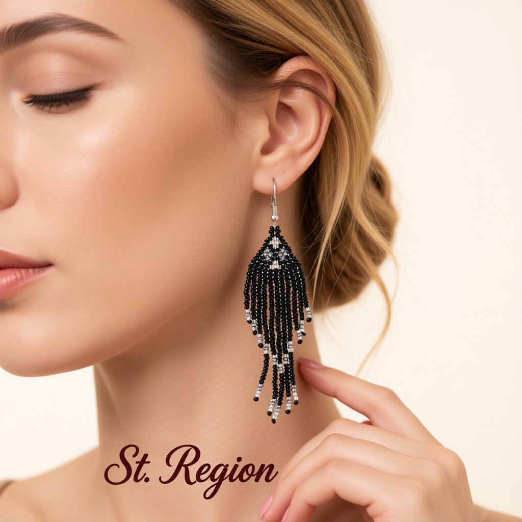 Black Howlite and Silver-Plated Tassel Drop Earrings, silver drop earrings for women, botanical inspired, styled look