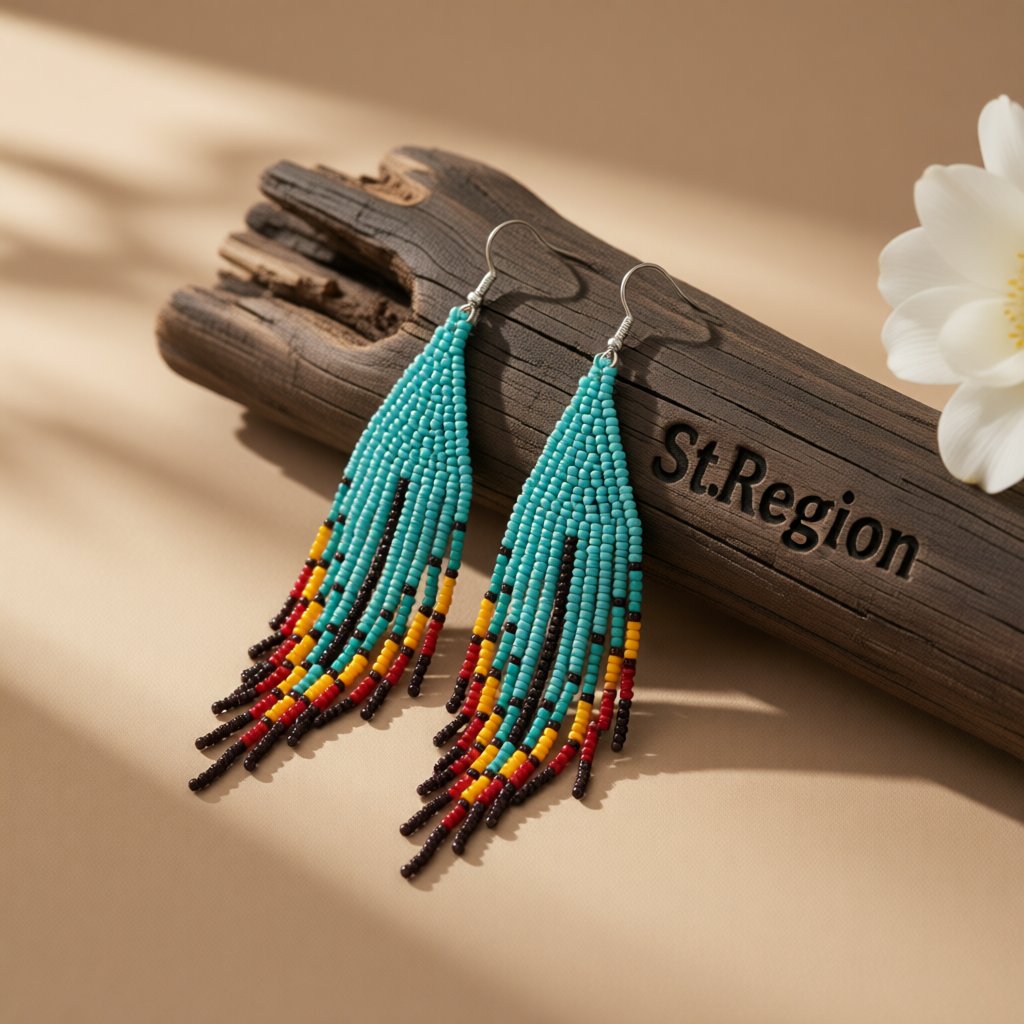 Teal and Red Howlite Geometric Tassel Drop Earrings, drop earrings for women, elegant gift for her, front view