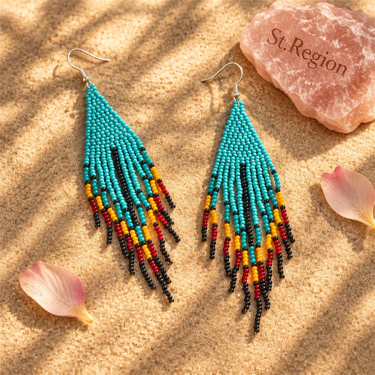 Teal and Red Howlite Geometric Tassel Drop Earrings, drop earrings for women, elegant gift for her, detail close-up