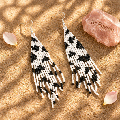 Black and White Howlite and Silver-Plated Beaded Drop Earrings, silver drop earrings for women, detail close-up