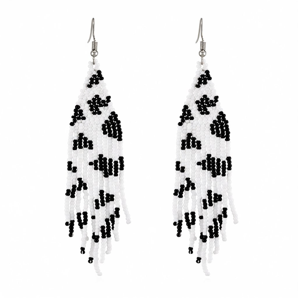 Black and White Howlite and Silver-Plated Beaded Drop Earrings, silver drop earrings for women, side view