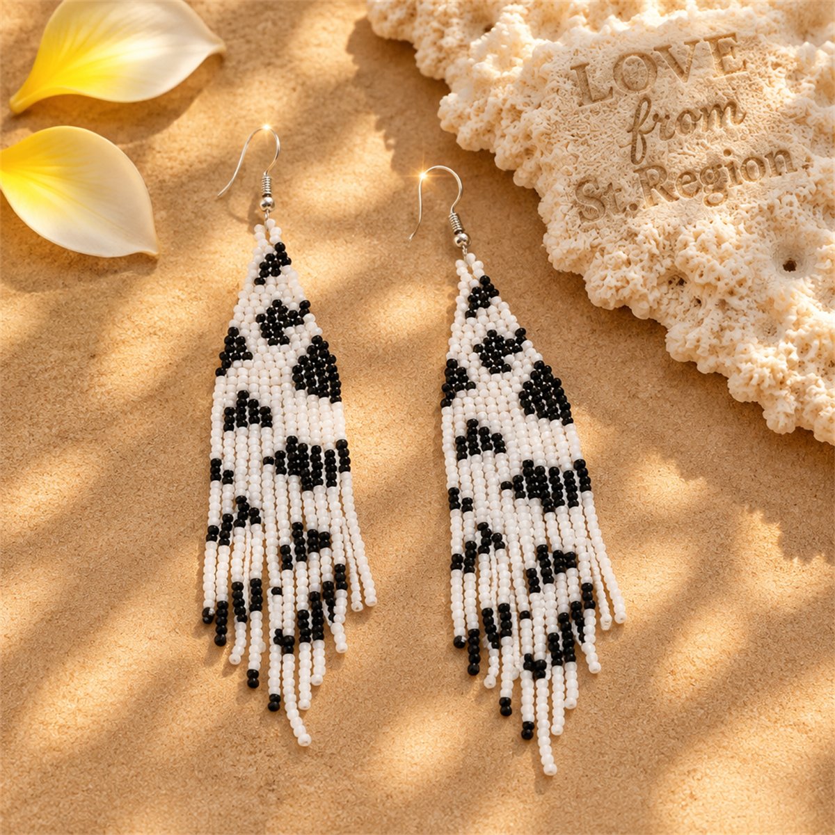 Black and White Howlite and Silver-Plated Beaded Drop Earrings, silver drop earrings for women, lifestyle look