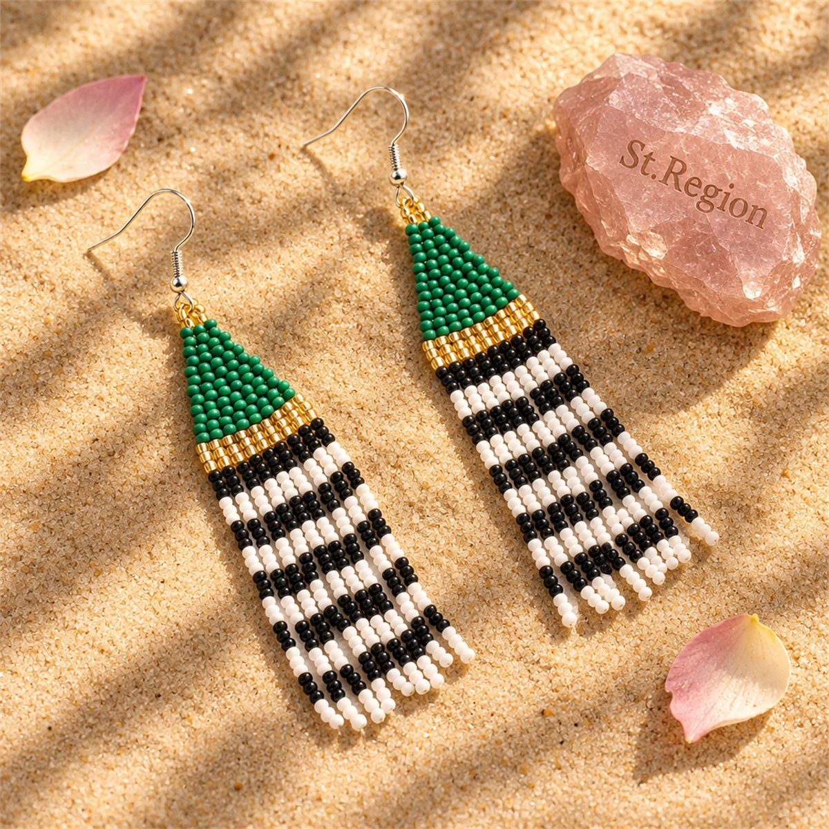 Green and Black Howlite Stripe Tassel Drop Earrings, drop earrings for women, elegant gift for her, detail close-up