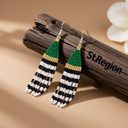 Green and Black Howlite Stripe Tassel Drop Earrings, drop earrings for women, elegant gift for her, front view