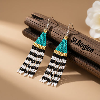 Lake Blue and Black Howlite Stripe Tassel Drop Earrings, drop earrings for women, elegant gift for her, front view