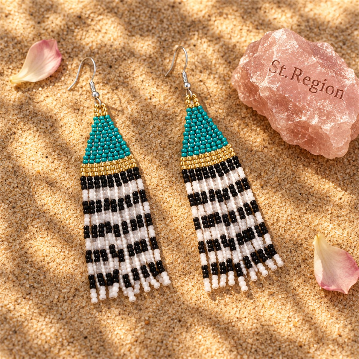 Lake Blue and Black Howlite Stripe Tassel Drop Earrings, drop earrings for women, elegant gift for her, detail close-up