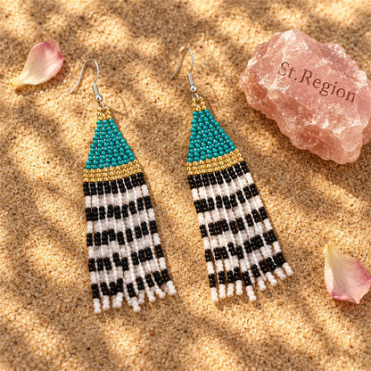 Lake Blue and Black Howlite Stripe Tassel Drop Earrings, drop earrings for women, elegant gift for her, detail close-up