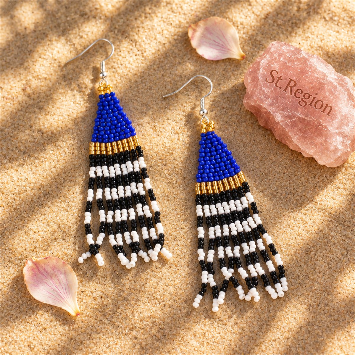 Navy and Black Howlite Stripe Tassel Drop Earrings, drop earrings for women, everyday style, detail close-up