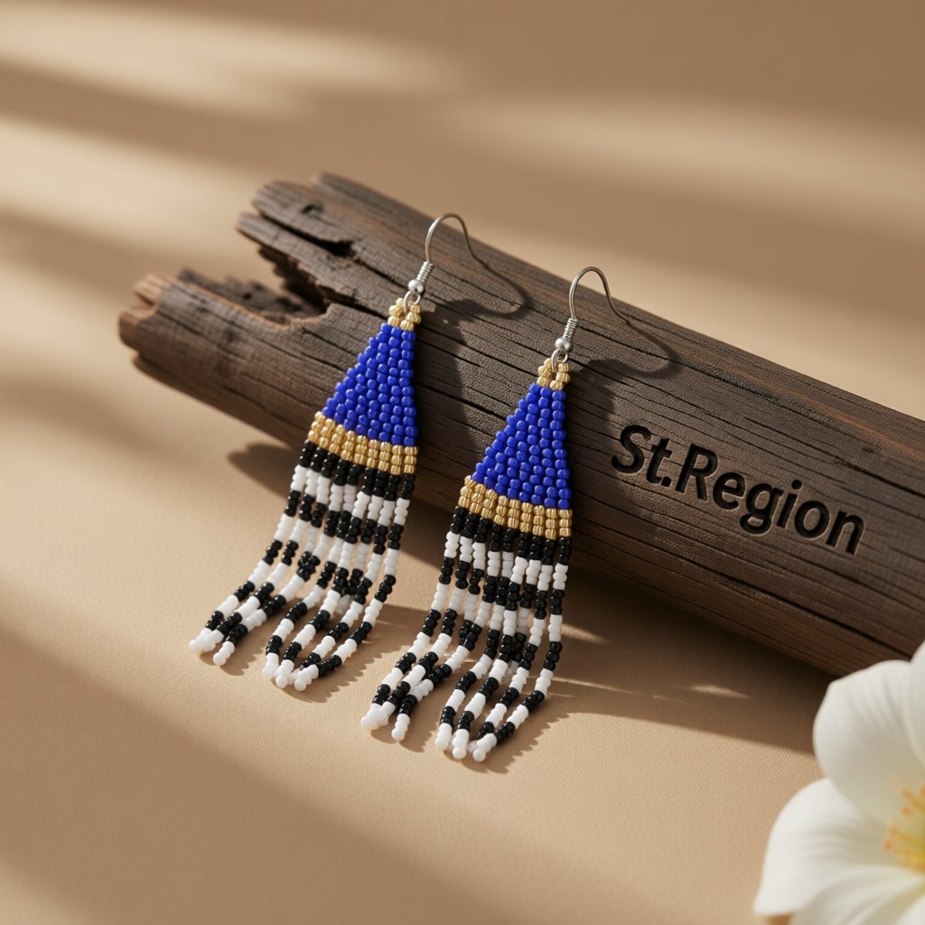 Navy and Black Howlite Stripe Tassel Drop Earrings, drop earrings for women, everyday style, front view