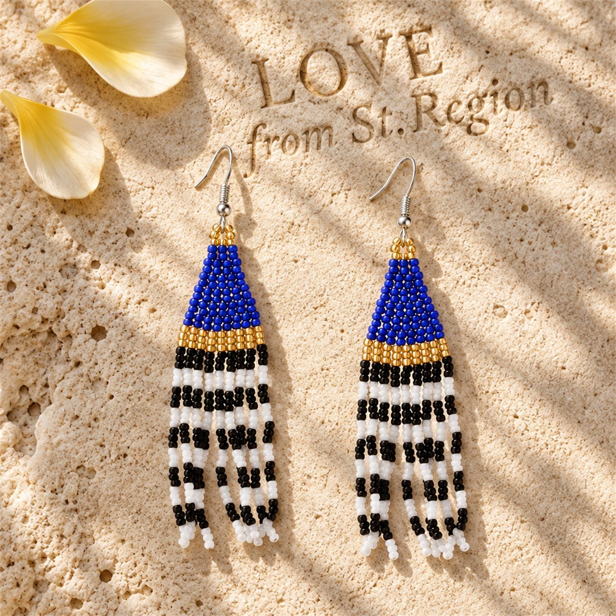 Navy and Black Howlite Stripe Tassel Drop Earrings, drop earrings for women, everyday style, lifestyle look