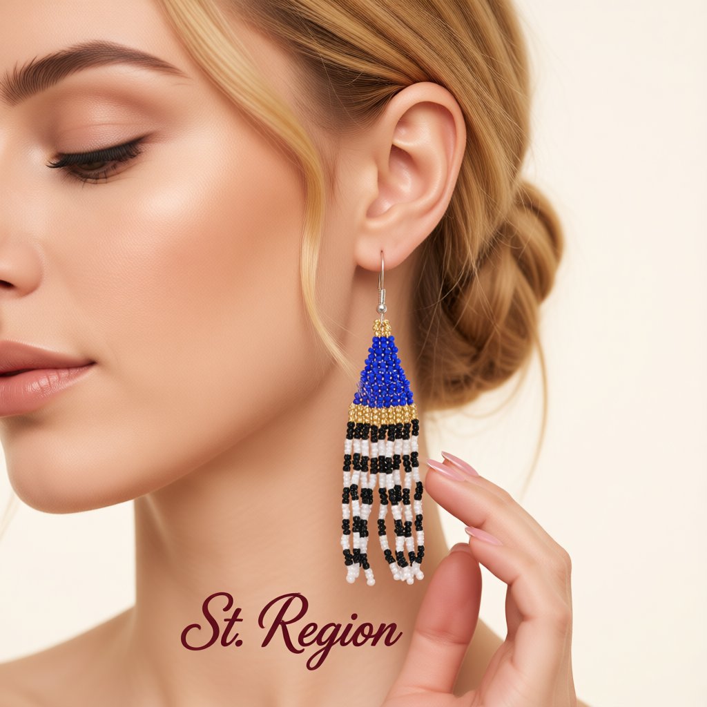 Navy and Black Howlite Stripe Tassel Drop Earrings, drop earrings for women, everyday style, styled look