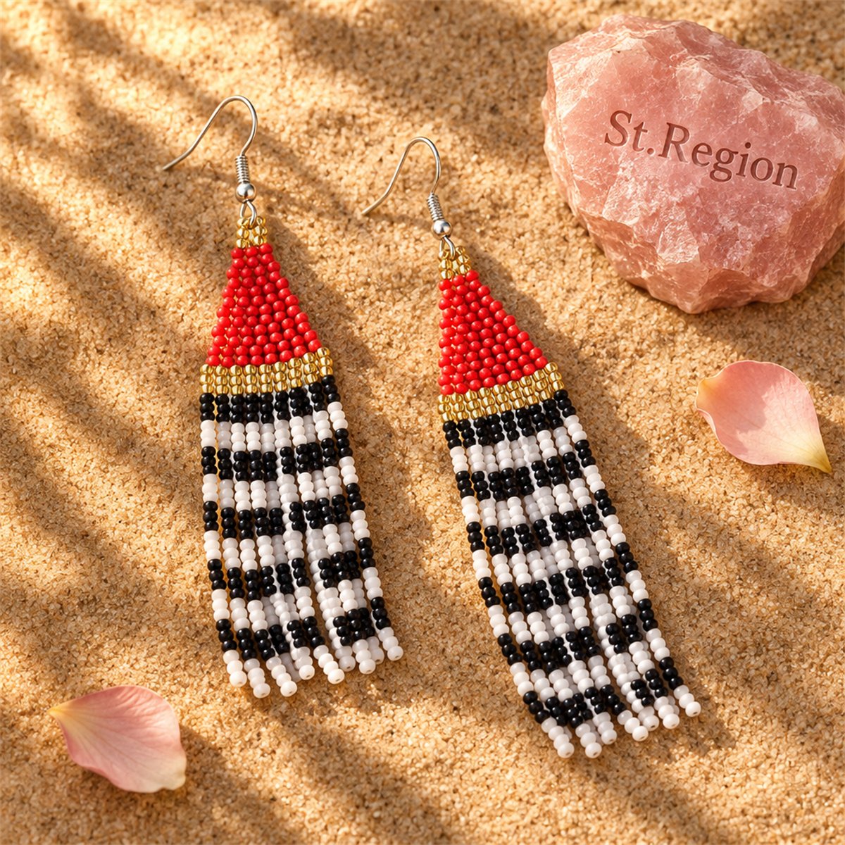 Red and Black Howlite Stripe Tassel Drop Earrings, drop earrings for women, everyday style, detail close-up