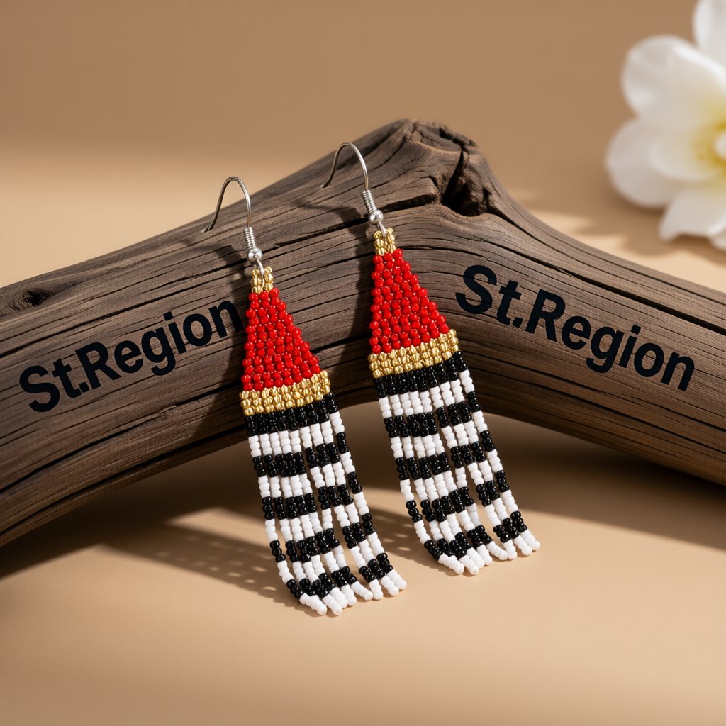 Red and Black Howlite Stripe Tassel Drop Earrings, drop earrings for women, everyday style, front view