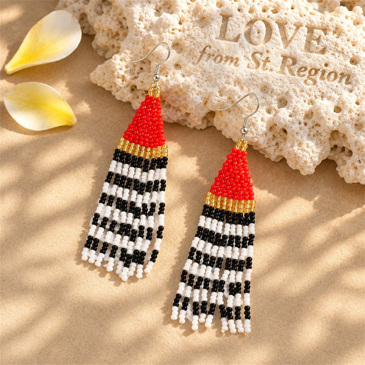 Red and Black Howlite Stripe Tassel Drop Earrings, drop earrings for women, everyday style, lifestyle look
