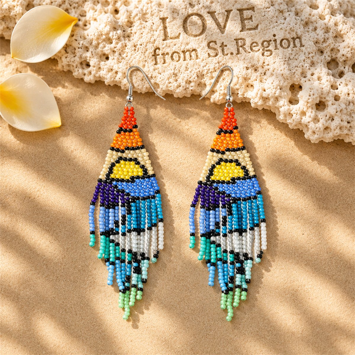 Blue and Orange Howlite Sunrise Tassel Drop Earrings, drop earrings for women, everyday style, lifestyle look