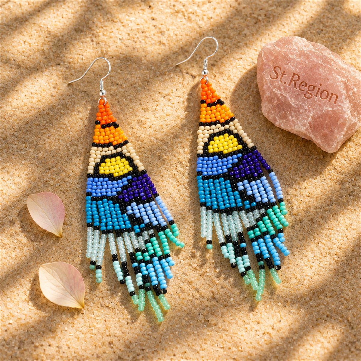Blue and Orange Howlite Sunrise Tassel Drop Earrings, drop earrings for women, everyday style, detail close-up