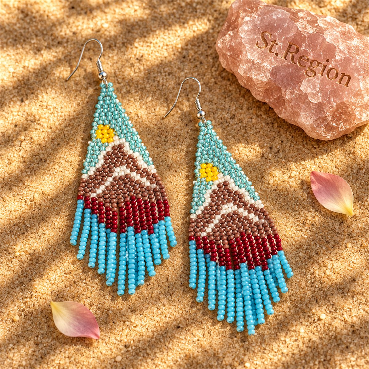 Blue and Yellow Mountain Sun Beaded Drop Earrings, drop earrings for women, vintage-inspired design, detail close-up