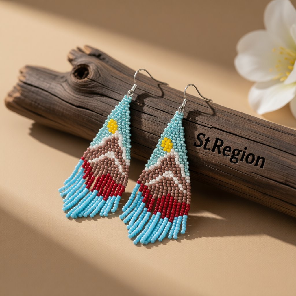 Blue and Yellow Mountain Sun Beaded Drop Earrings, drop earrings for women, vintage-inspired design, front view