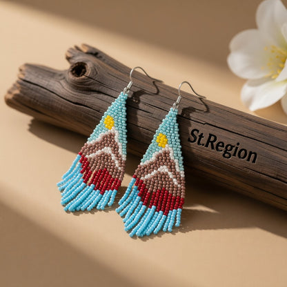 Blue and Yellow Mountain Sun Beaded Drop Earrings, drop earrings for women, vintage-inspired design, front view