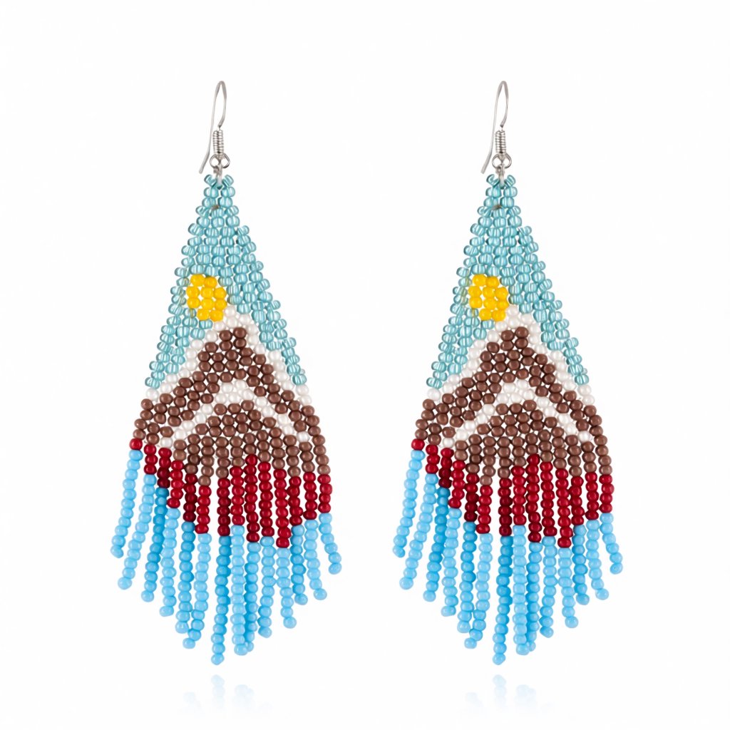 Blue and Yellow Mountain Sun Beaded Drop Earrings, drop earrings for women, vintage-inspired design, side view