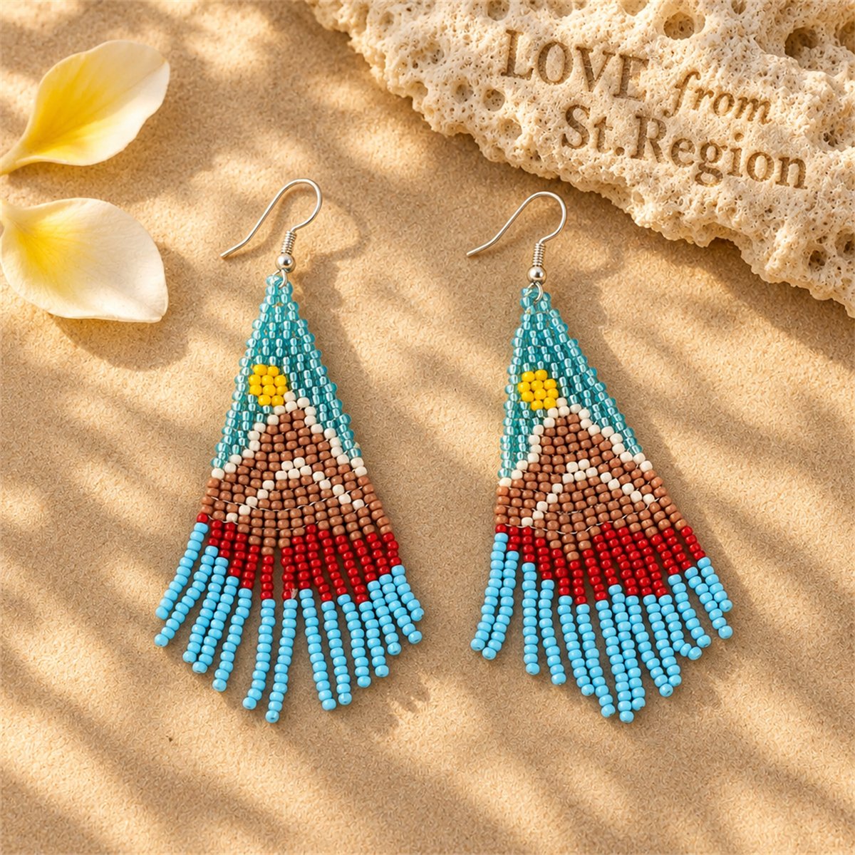 Blue and Yellow Mountain Sun Beaded Drop Earrings, drop earrings for women, vintage-inspired design, lifestyle look